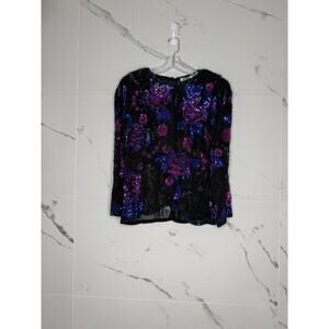 VTG 80’s Sequin Beaded Floral Blouse Sz 12 Art To Wear Sheer Floral 80’s holiday